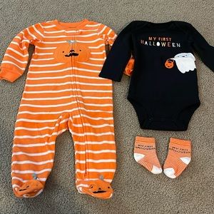 Halloween pajamas, onesie, and socks